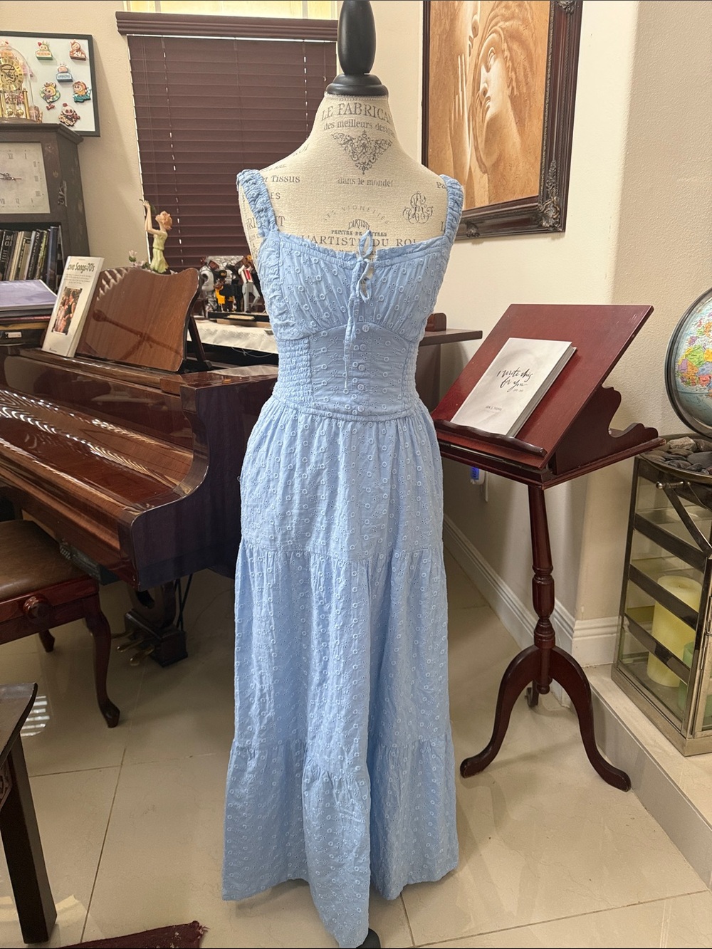 Light Blue Eyelet Maxi Dress with Tie Front